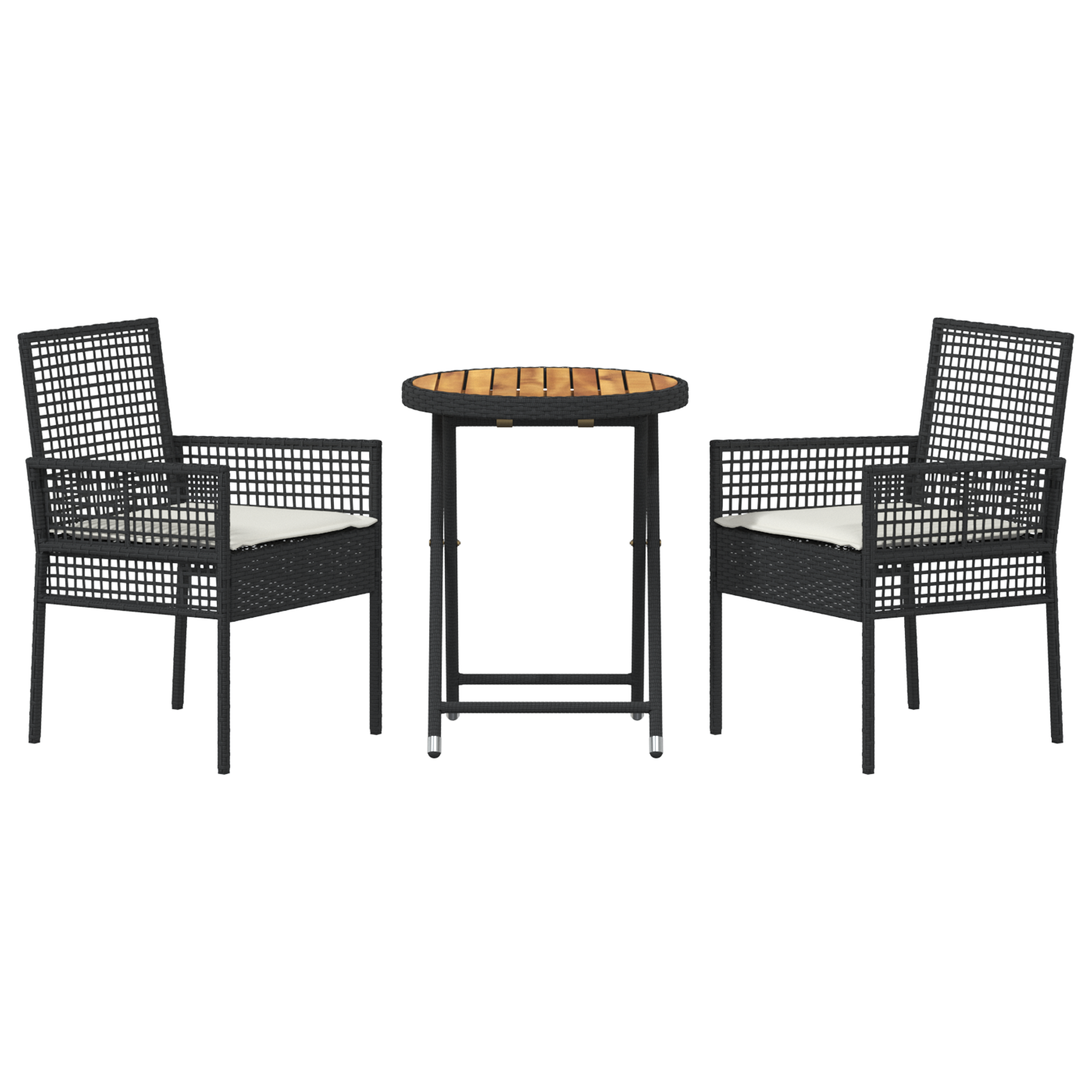 vidaXL 3-delige Bistroset voor in de tuin met kussens Zwart Poly Rattan