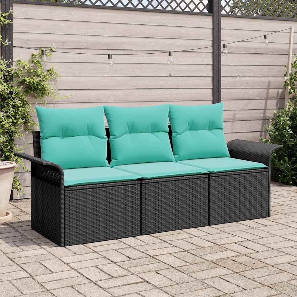vidaXL Bankstel met kussen 3 pcs Zwart en Blauw poly rattan
