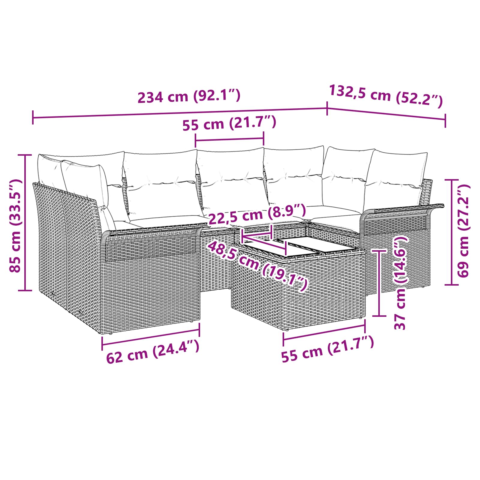 vidaXL Tuin Sofa Set met kussen 7 pcs Zwart poly rattan