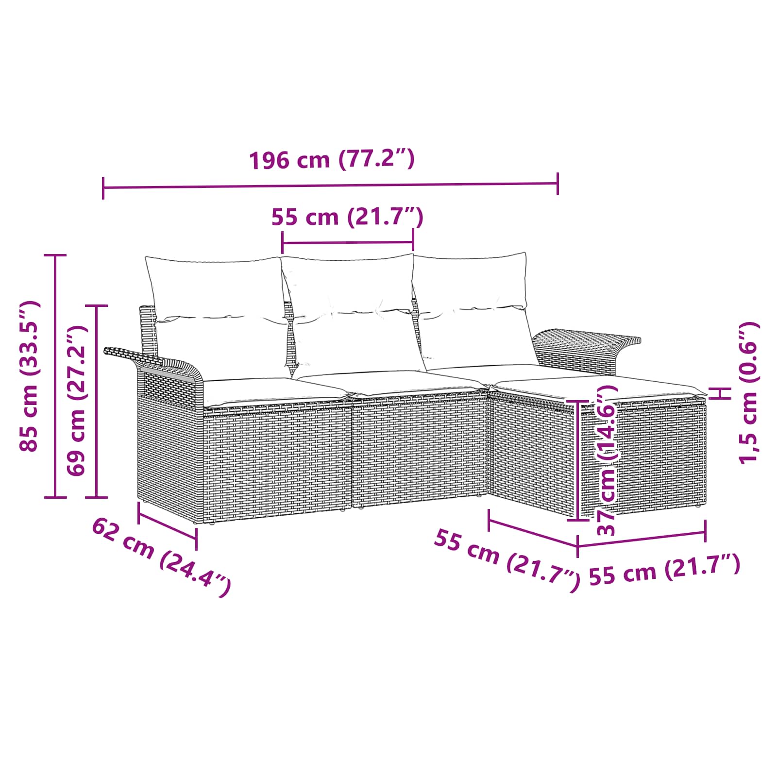 vidaXL Tuin Sofa Set met kussen 4 pcs Zwart poly rattan