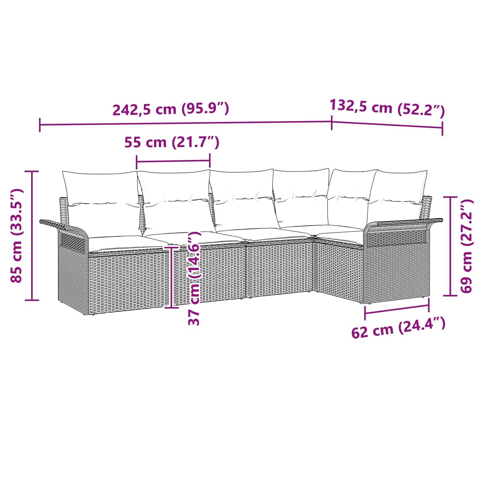 vidaXL Tuin Sofa Set met kussen 5 pcs Zwart poly rattan