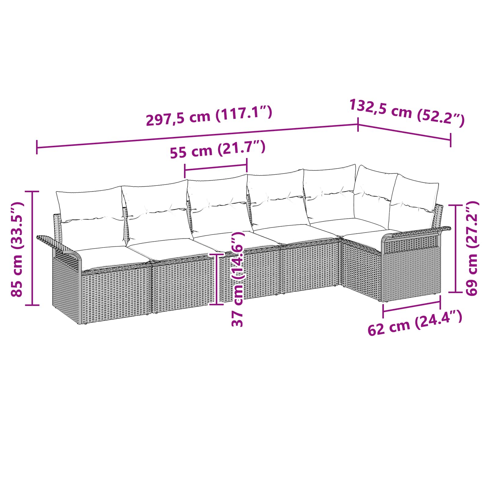 vidaXL Tuin Sofa Set met kussen 7 pcs Zwart poly rattan