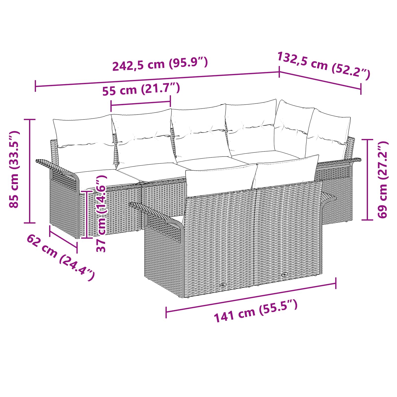 vidaXL Tuin Sofa Set met kussen 7 pcs Zwart poly rattan