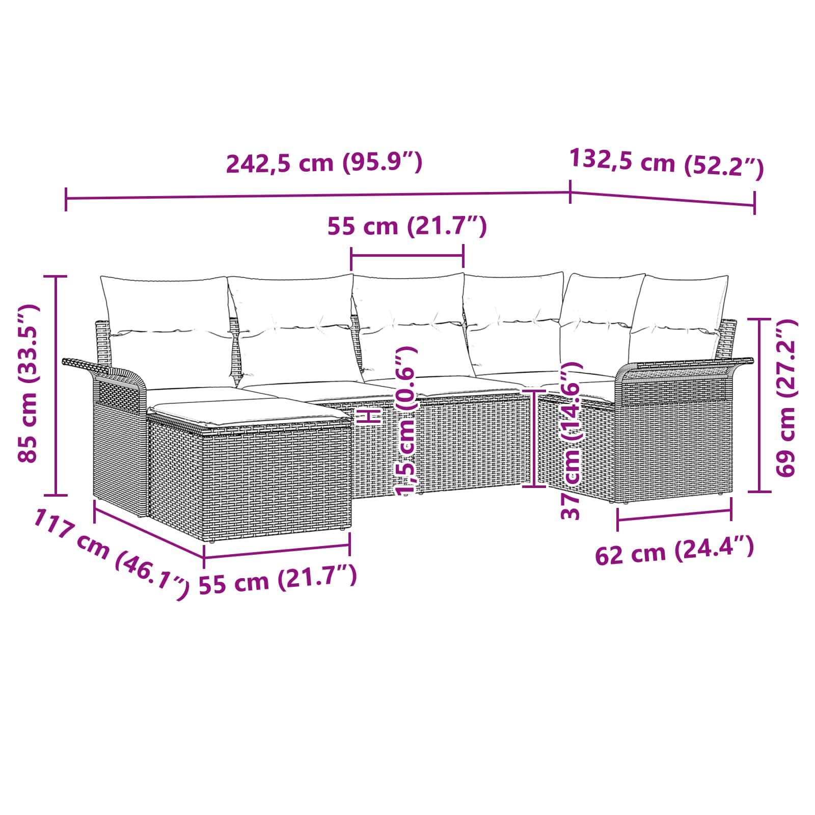vidaXL Tuin Sofa Set met kussen 6 pcs Zwart poly rattan