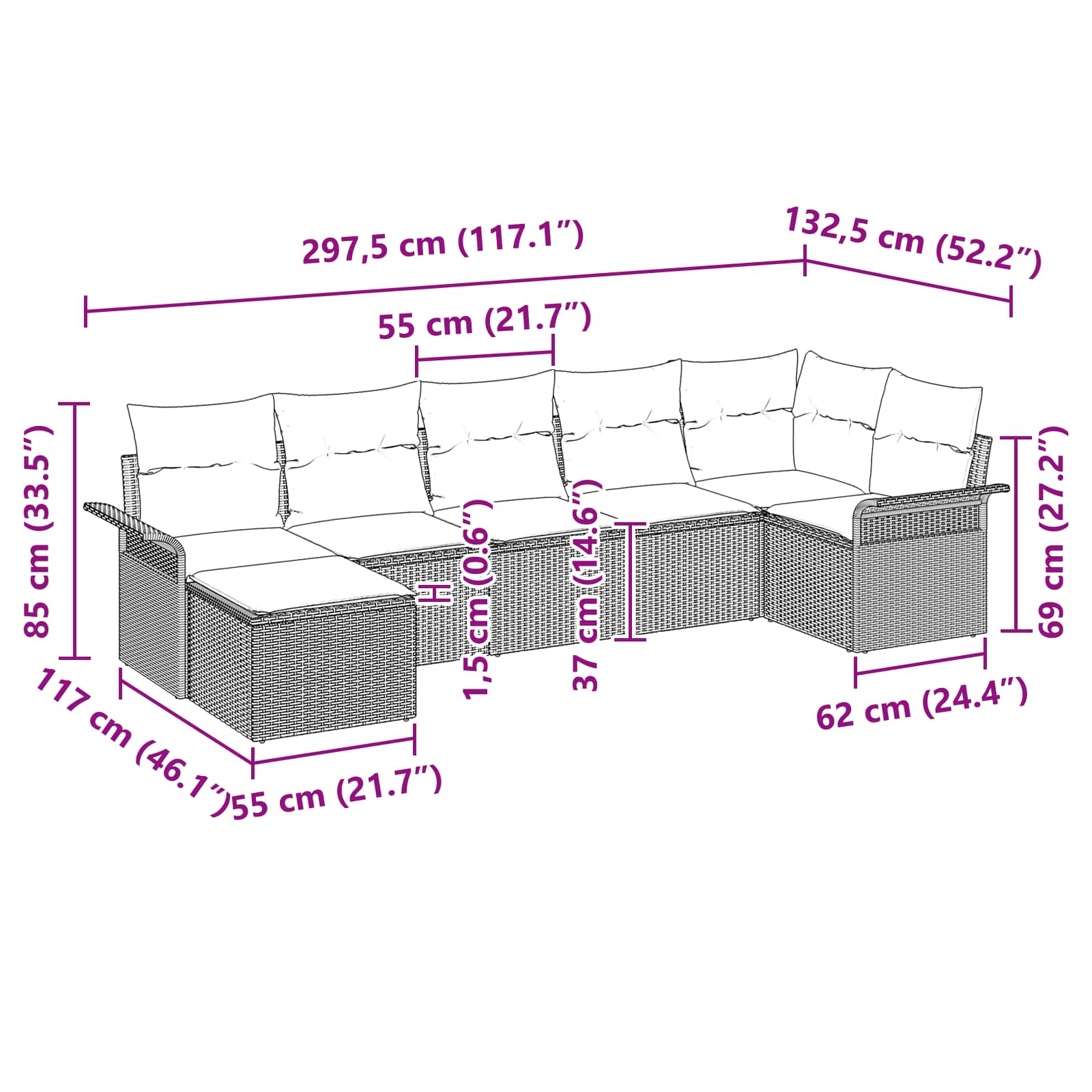 vidaXL Tuin Sofa Set met kussen 8 pcs Zwart Poly riet