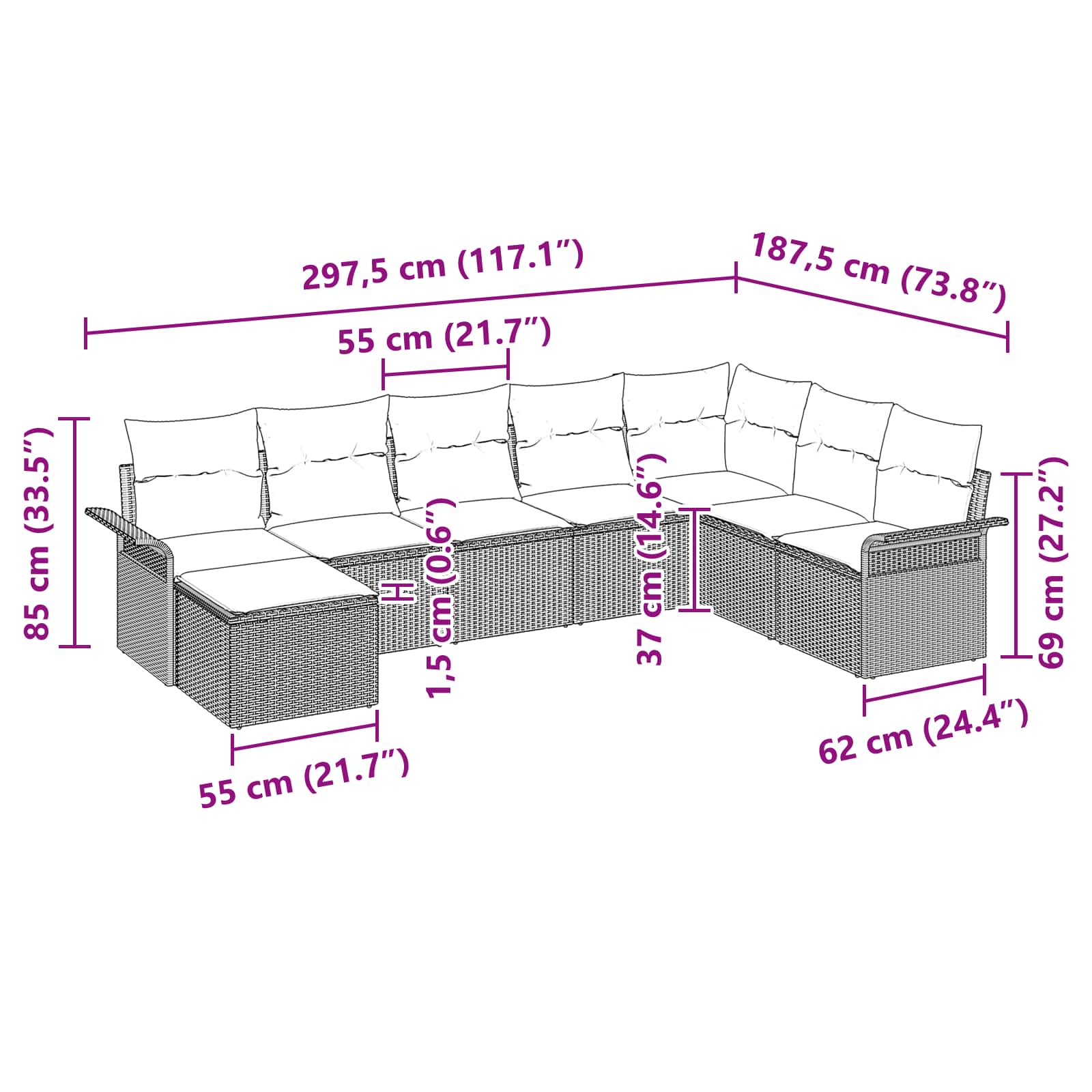 vidaXL Tuin Sofa Set met kussen 9 pcs Zwart poly rattan