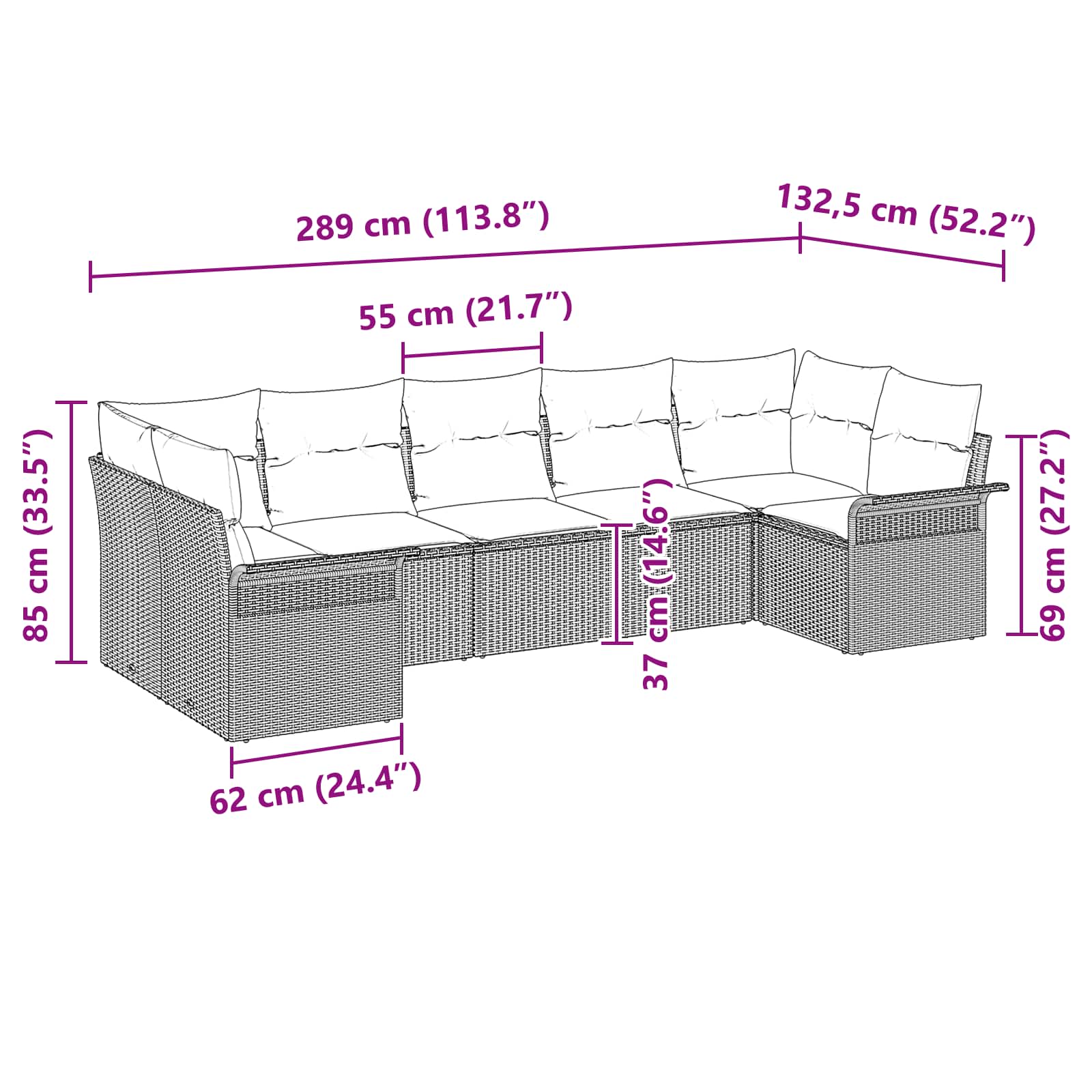vidaXL Tuin Sofa Set met kussen 7 pcs Zwart Poly riet