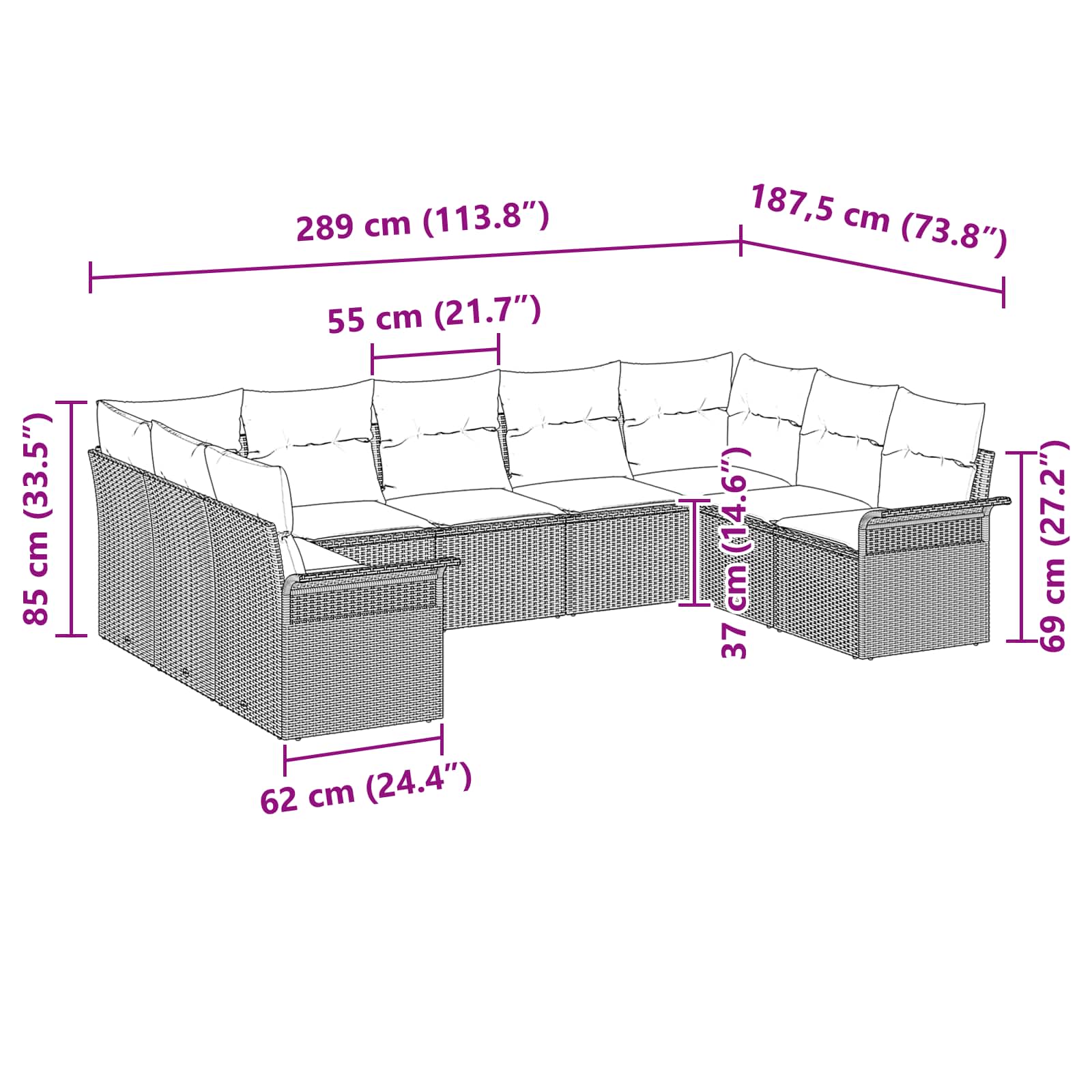 vidaXL Tuin Sofa Set met kussen 9 pcs Zwart poly rattan