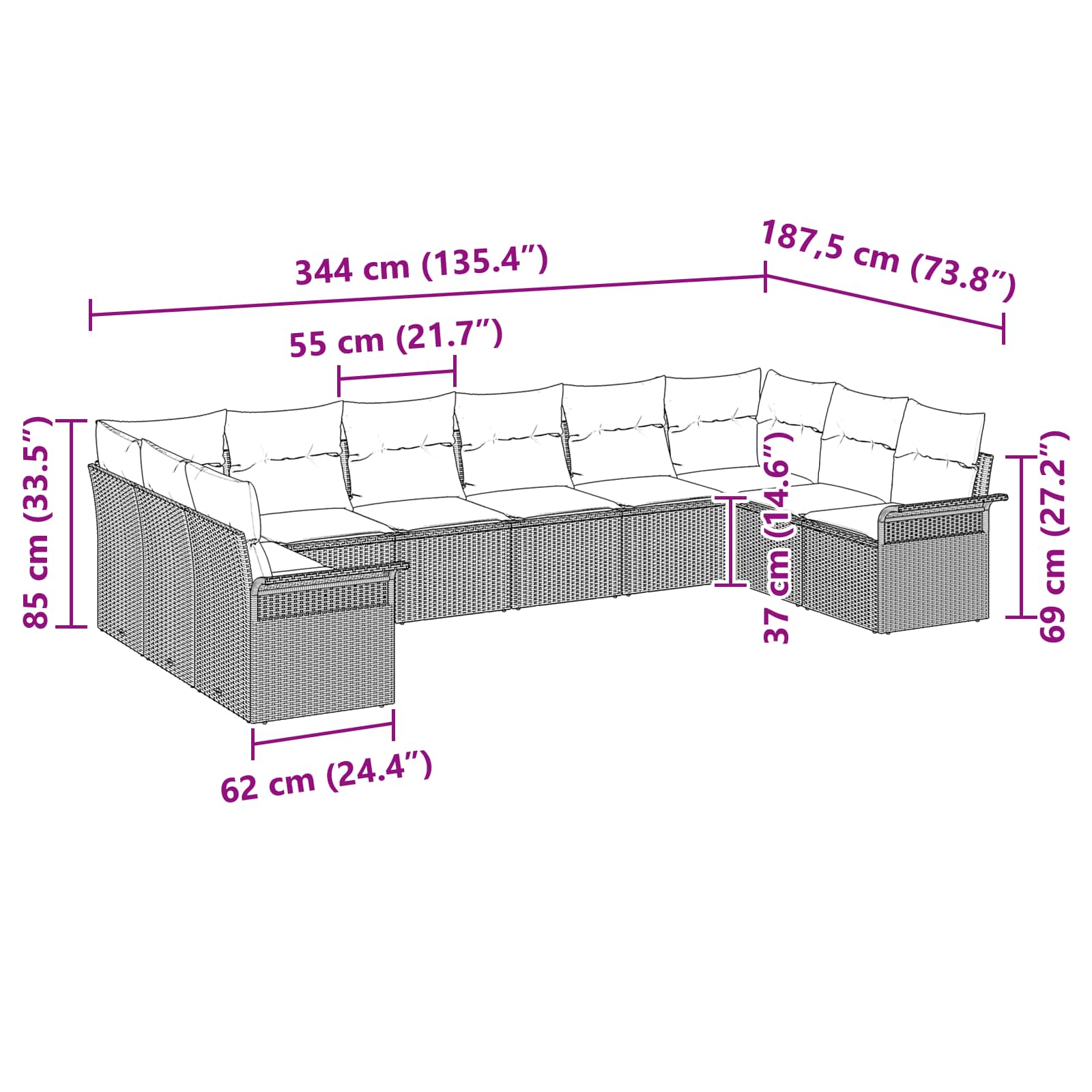 vidaXL Tuin Sofa Set met kussen 11 pcs Zwart Poly riet