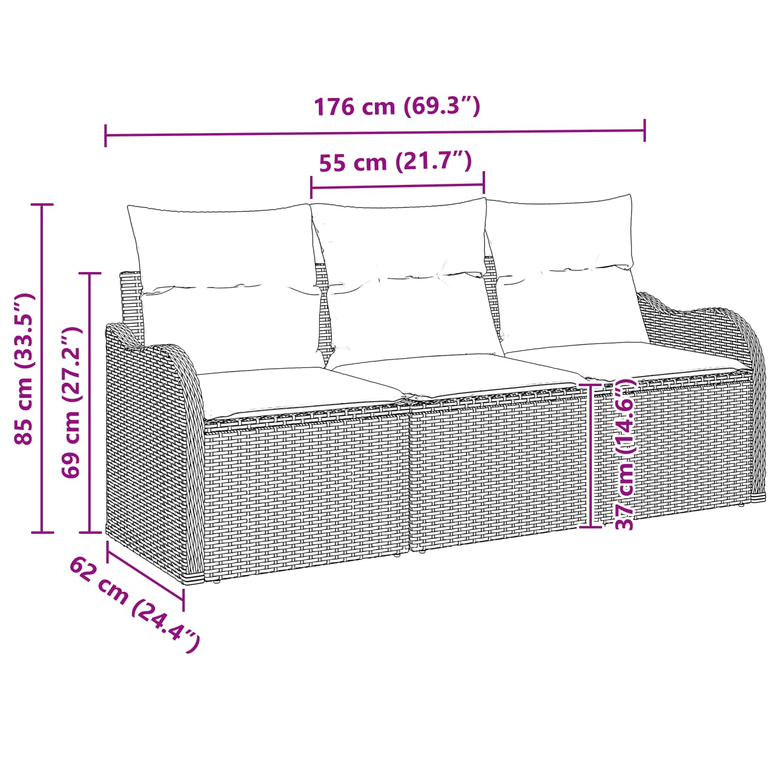 vidaXL Tuin Sofa Set met kussen 3 pcs Bruin Poly riet