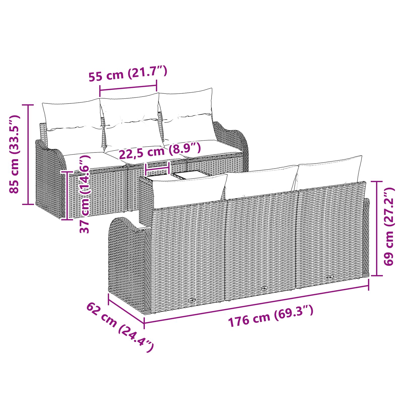 vidaXL Tuin Sofa Set Grijs 55 x 55 x 37 cm poly rattan