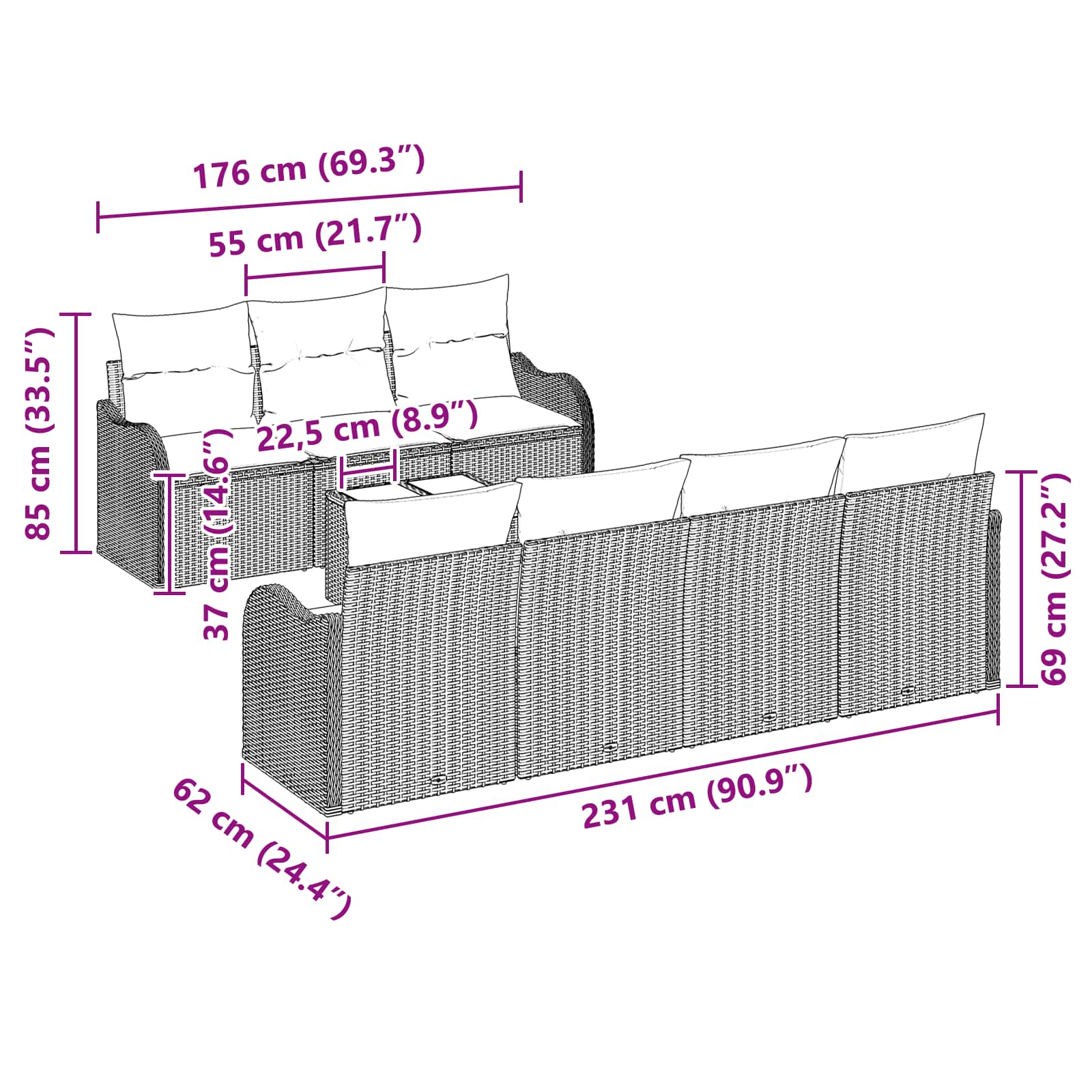 vidaXL Bankstel 8 st 7-Aantal zitplaatsen Grijs poly rattan