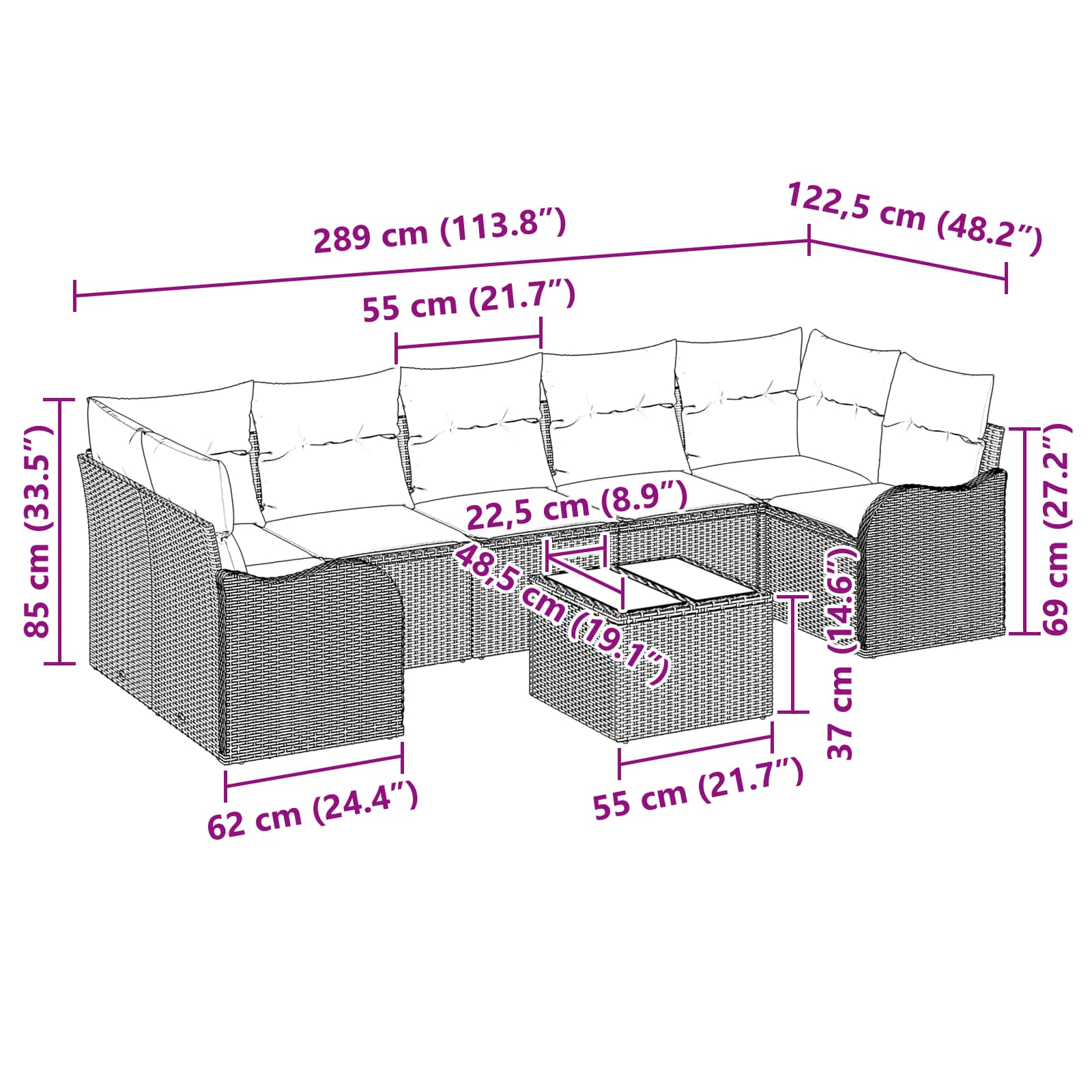 vidaXL Bankstel met kussen 8 pcs Bruin poly rattan