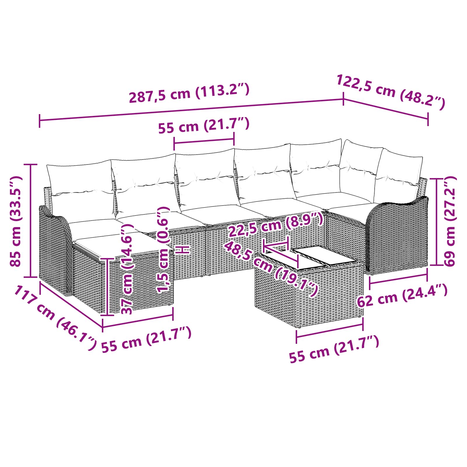 vidaXL Tuin Sofa Set met kussen 7 pcs Bruin Poly riet
