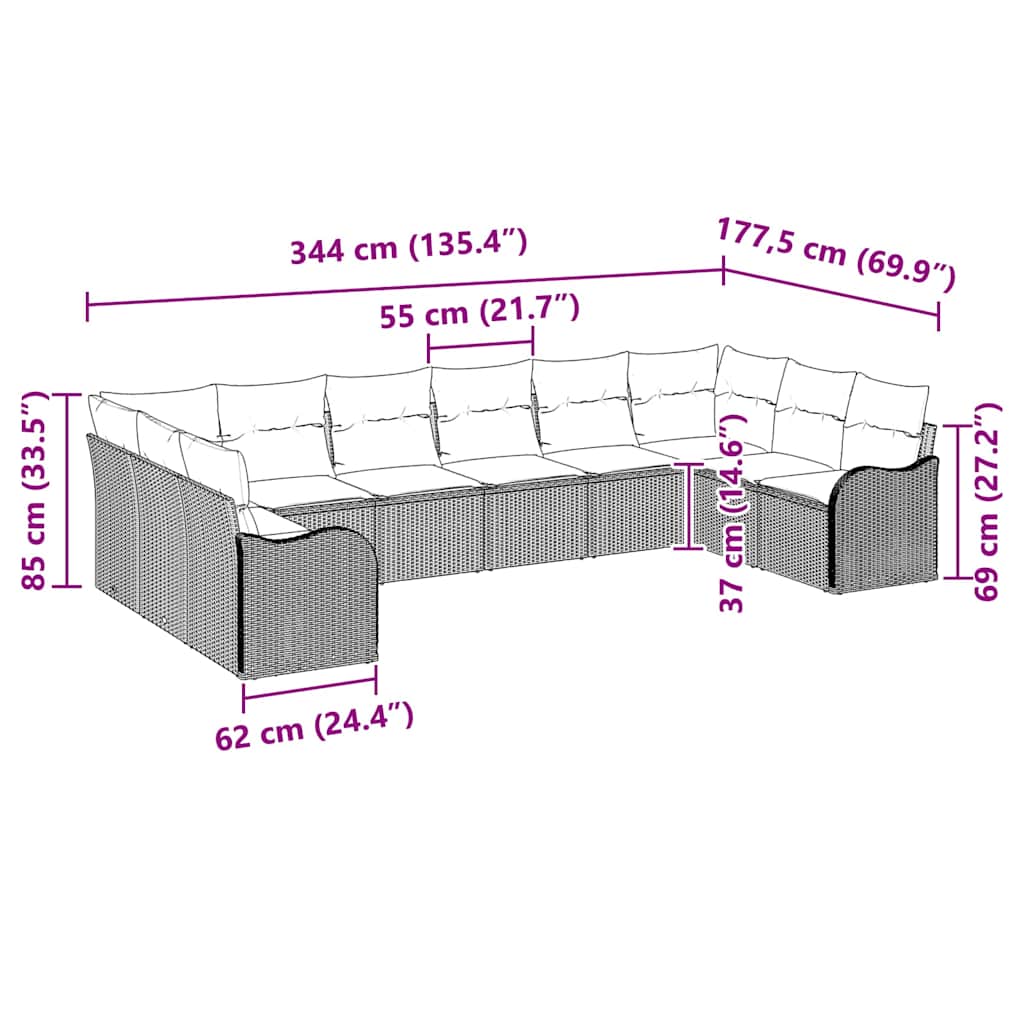 vidaXL 10-Delige Tuinsofa Set met Kussens Zwart Poly Riet