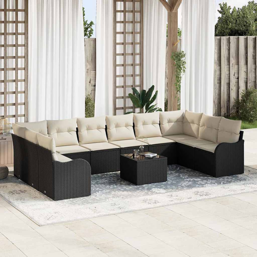 vidaXL 10-Delige Tuinsofa Set met Kussens Zwart Poly Riet