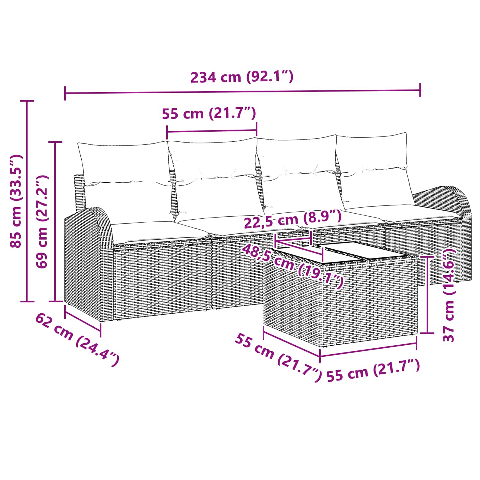 vidaXL Tuin Sofa Set Bruin 55 x 55 x 37 cm poly rattan
