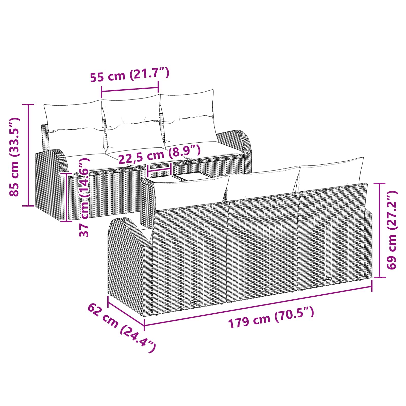 vidaXL Tuin Sofa Set Bruin 55 x 55 x 37 cm poly rattan