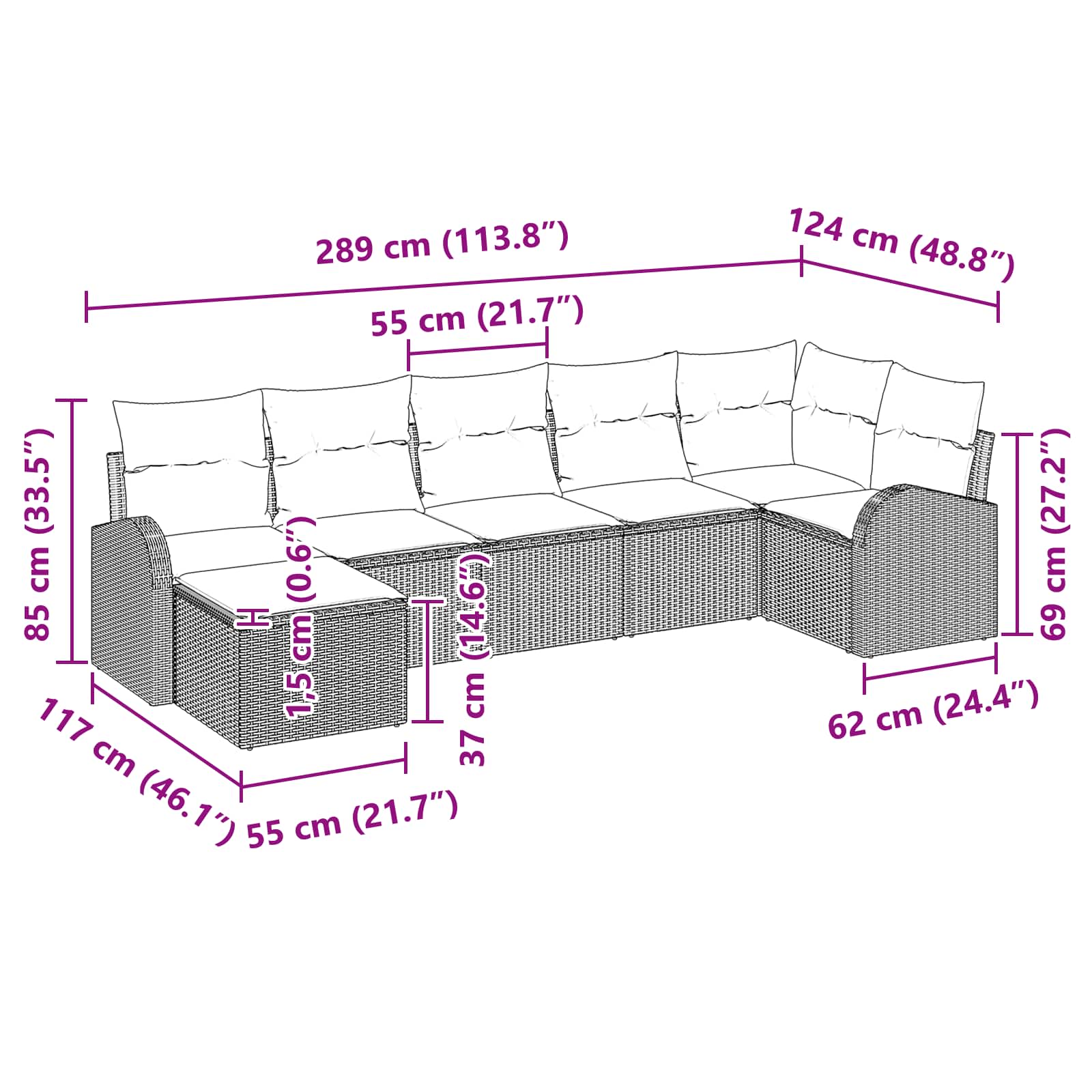 vidaXL Tuin Sofa Set met kussen 7 pcs Bruin Poly riet
