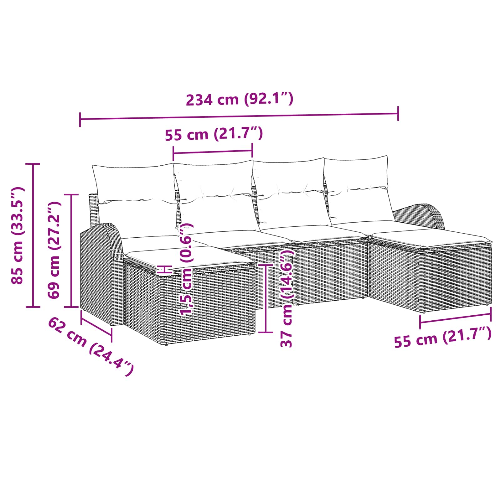 vidaXL Tuin Sofa Set met kussen 6 pcs Bruin Poly Rattan
