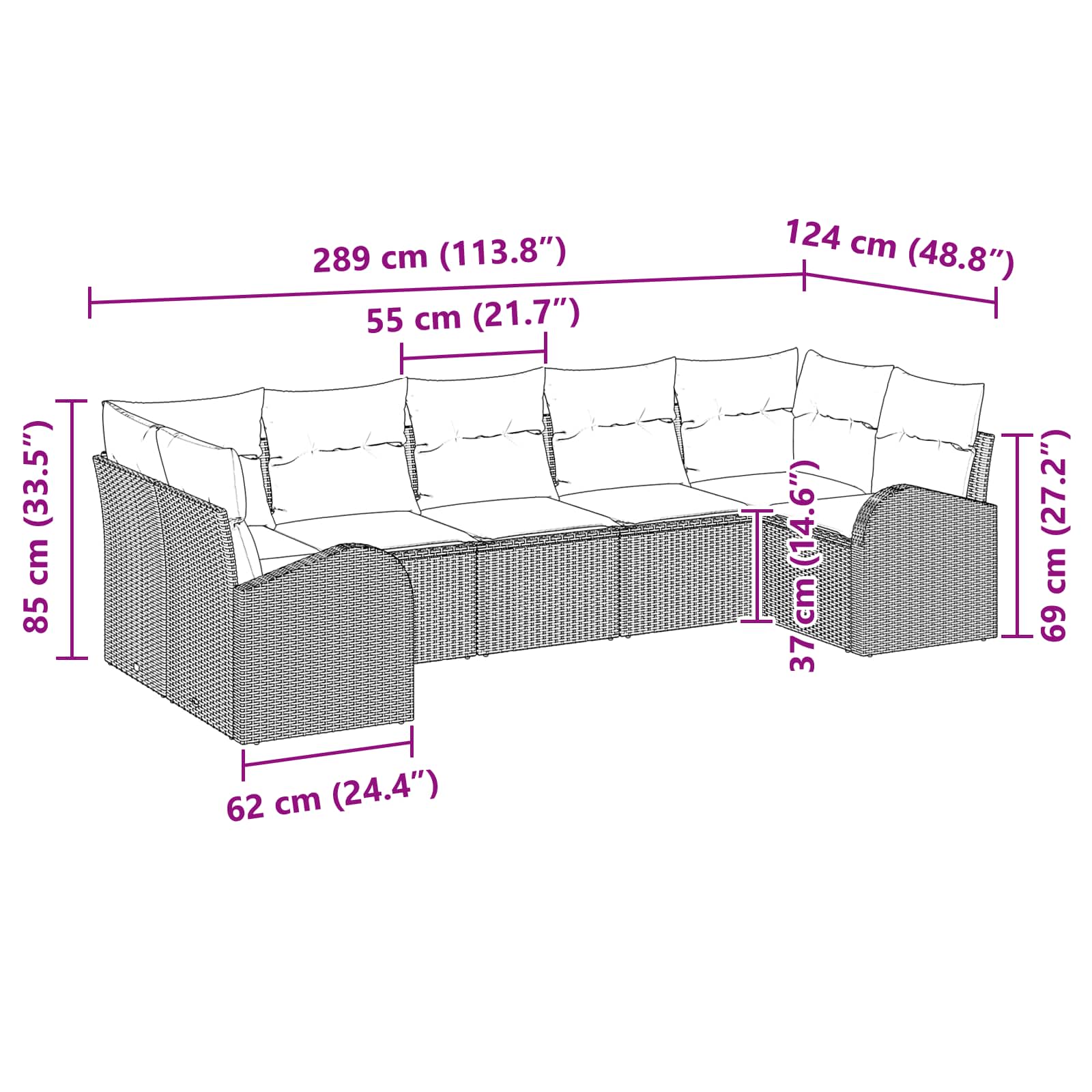 vidaXL Tuin Sofa Set met kussen 7 pcs Bruin Poly Rattan