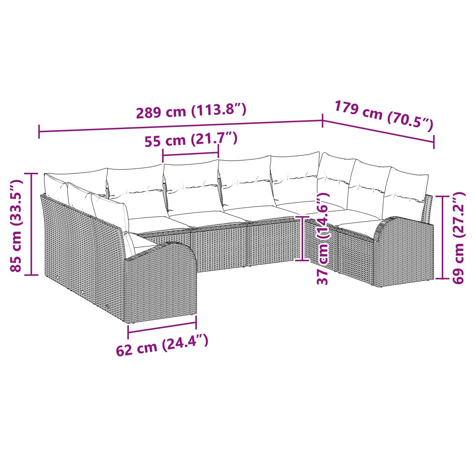vidaXL Bankstel met kussen Bruin Poly Rattan