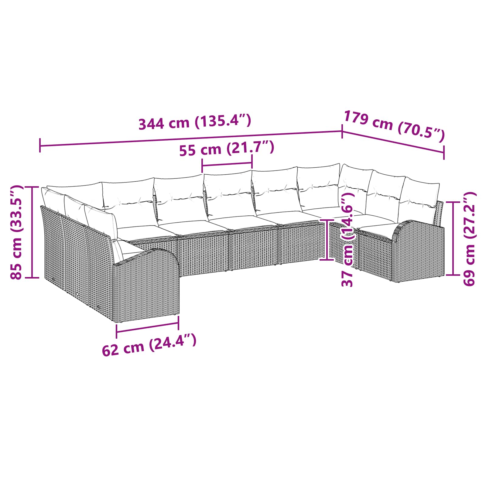 vidaXL Bankstel met kussen 10 pcs Bruin poly rattan