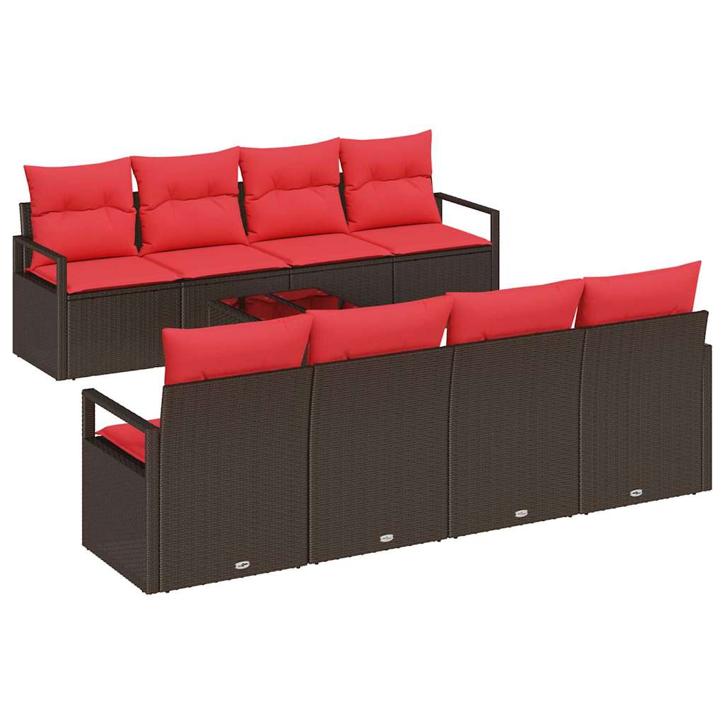 vidaXL Bankstel met kussen 7 pcs Bruin en Rood poly rattan