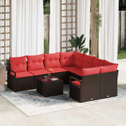 vidaXL Bankstel met kussen 9 pcs Bruin en Rood poly rattan