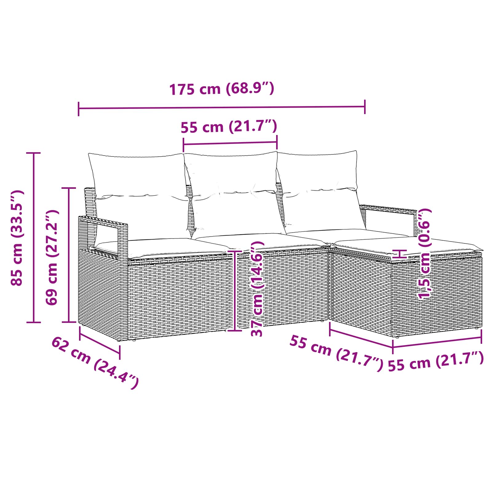 vidaXL Bankstel 4 pcs Bruin poly rattan