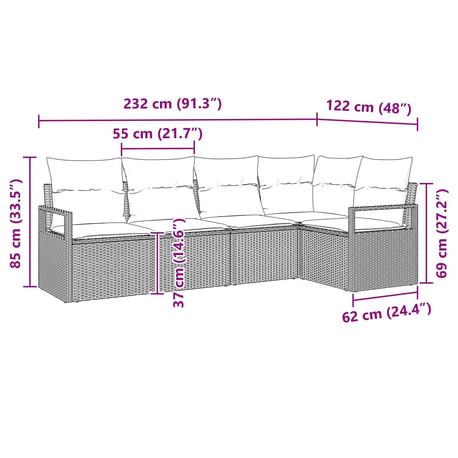 vidaXL Bankstel 5 pcs Bruin poly rattan