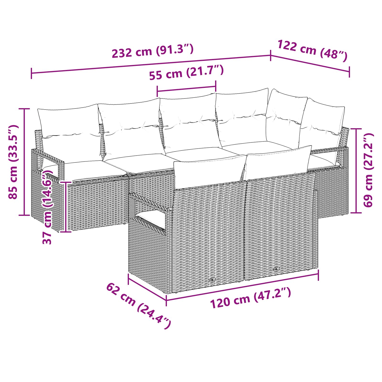 vidaXL Bankstel 7 pcs Bruin poly rattan