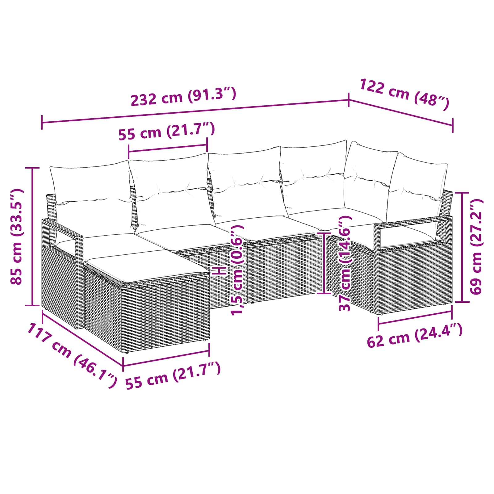 vidaXL Bankstel met kussen 6 pcs Bruin poly rattan