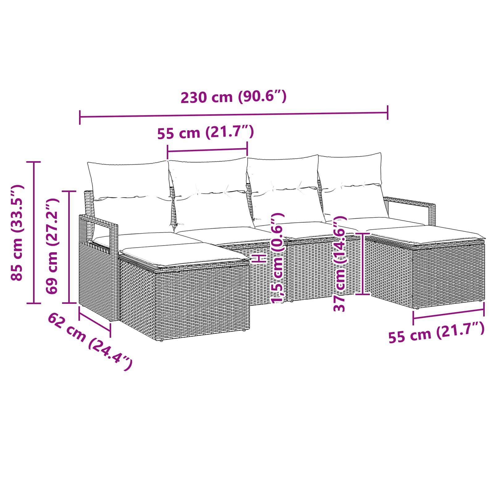 vidaXL Bankstel 6 pcs Bruin poly rattan