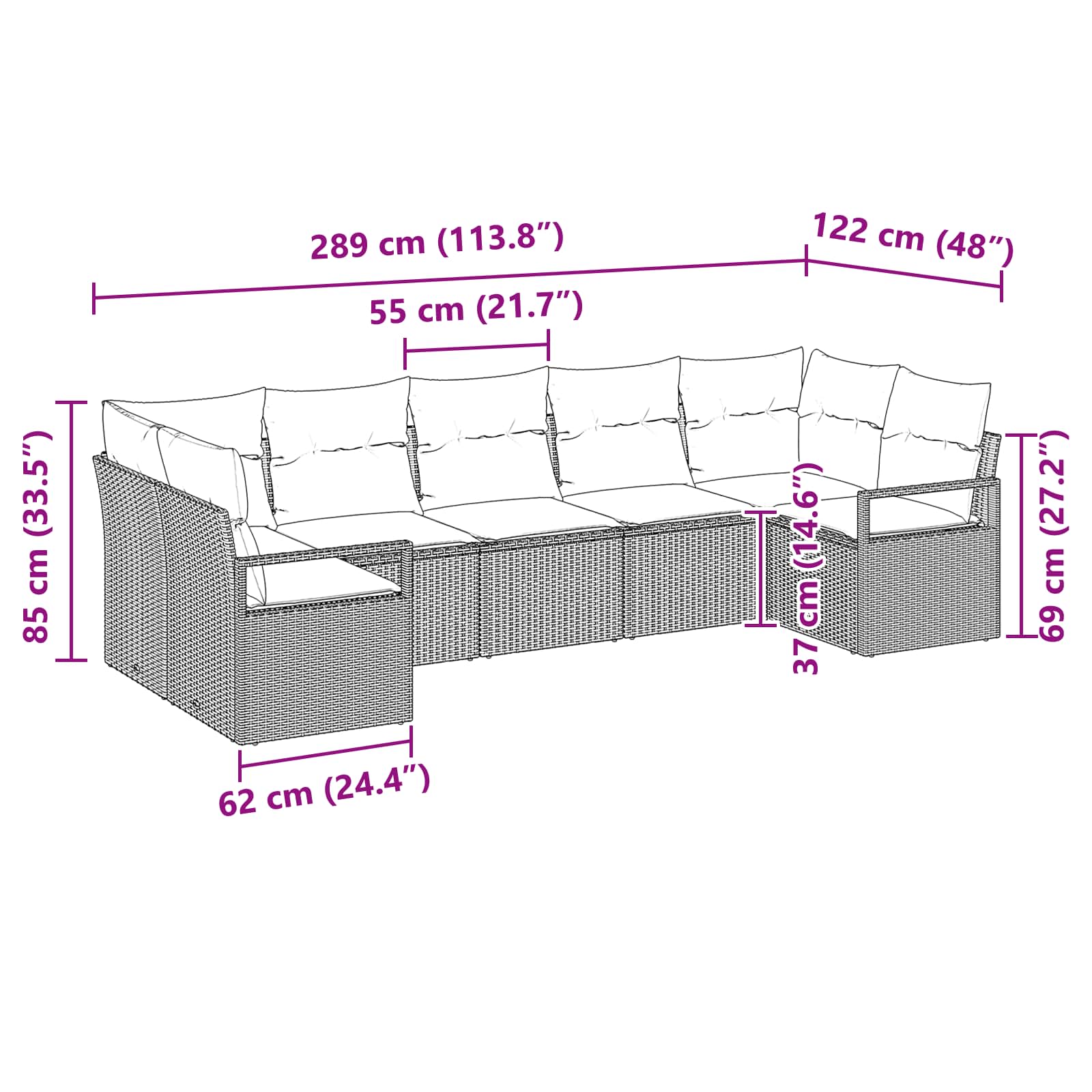vidaXL Bankstel met kussen 7 pcs Bruin poly rattan