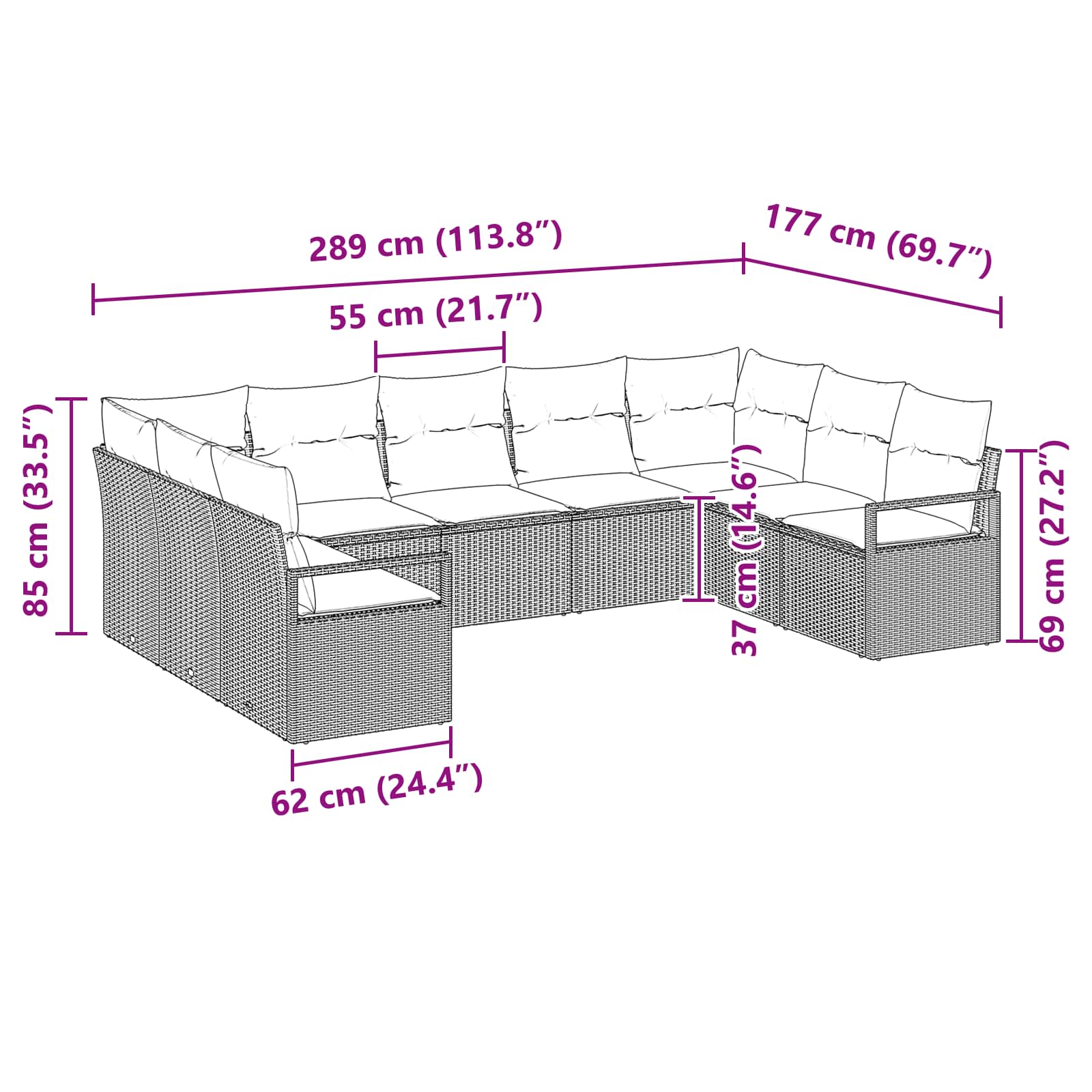 vidaXL Bankstel met kussen 9 pcs Bruin poly rattan