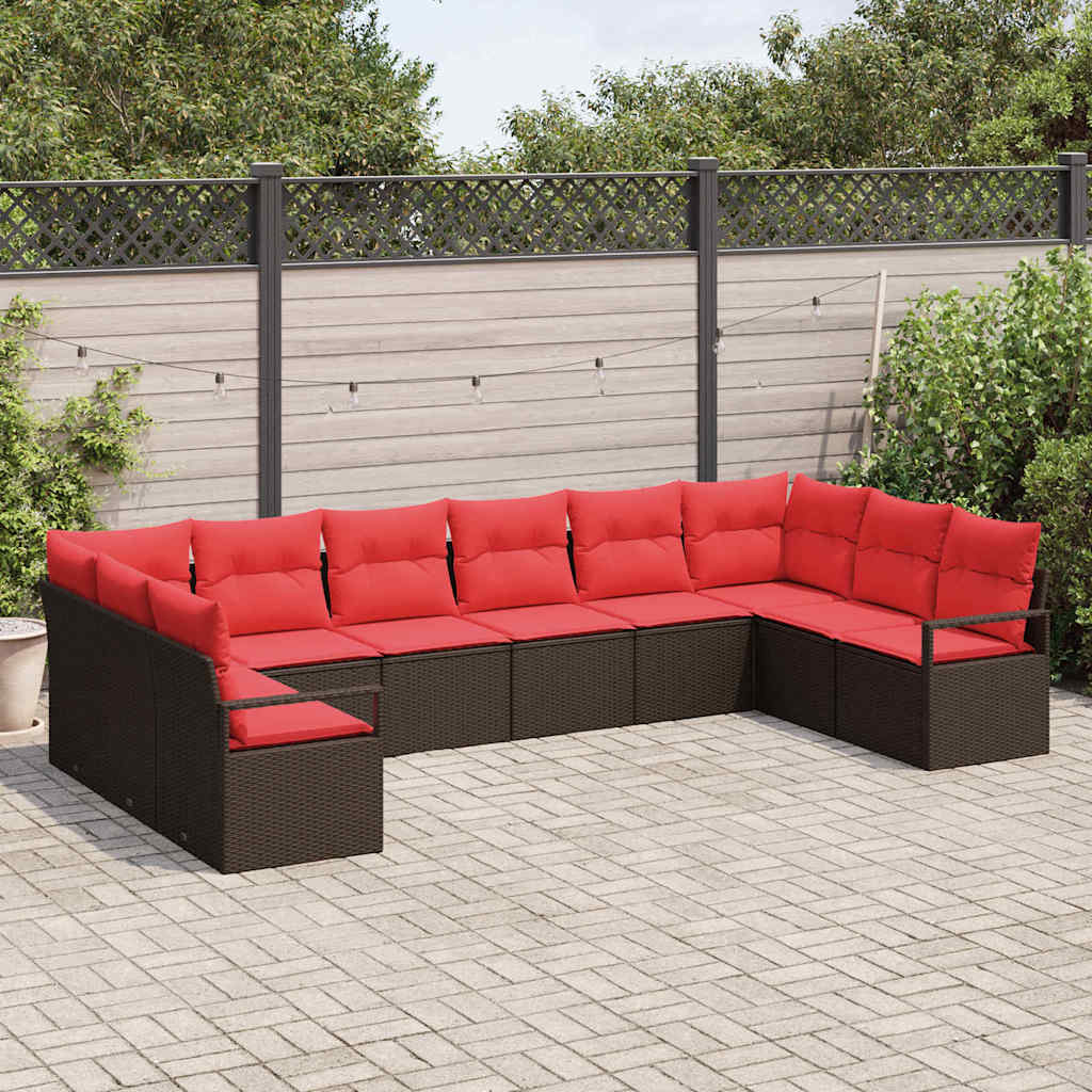 vidaXL Bankstel met kussen 10 pcs Bruin poly rattan