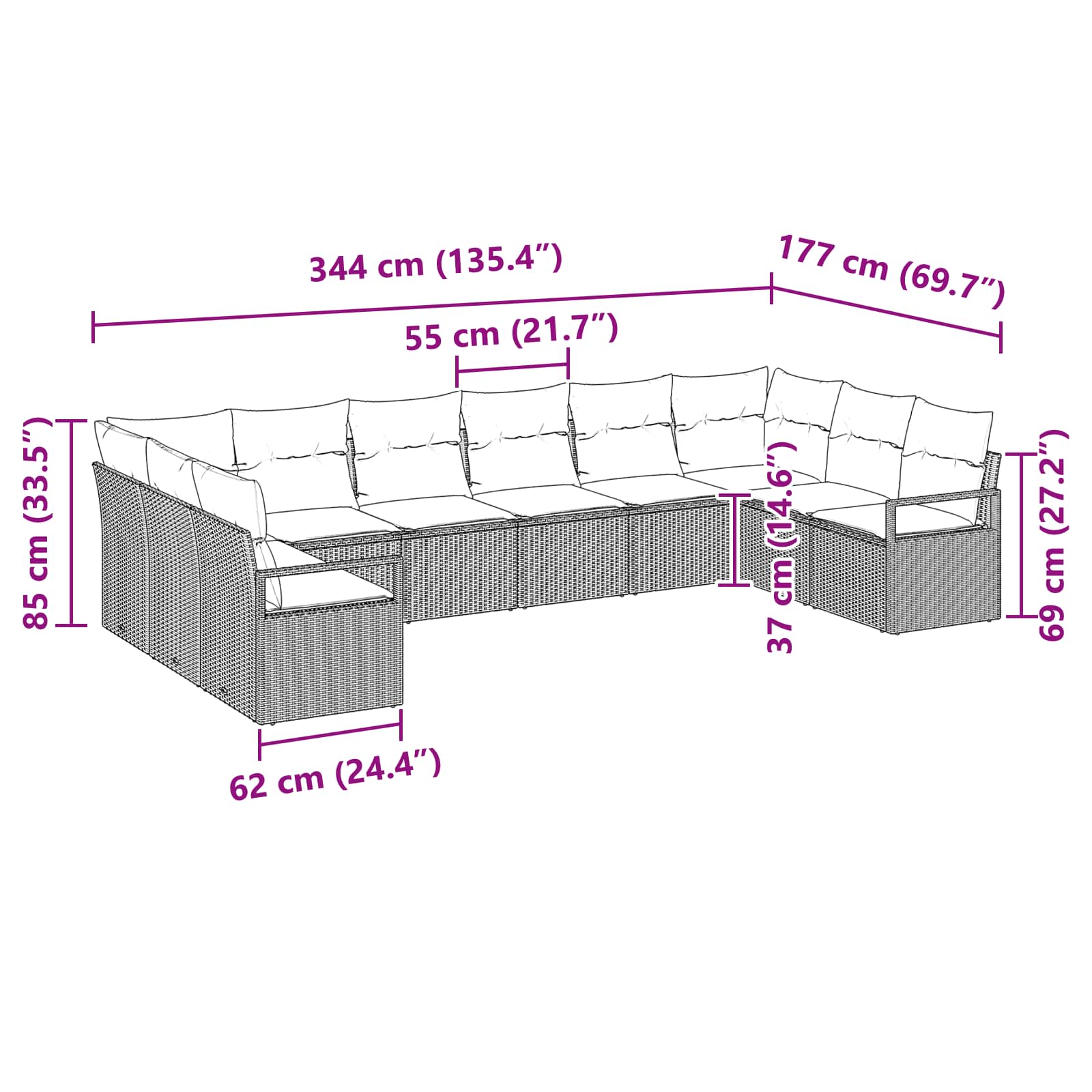 vidaXL Bankstel met kussen 10 pcs Bruin poly rattan