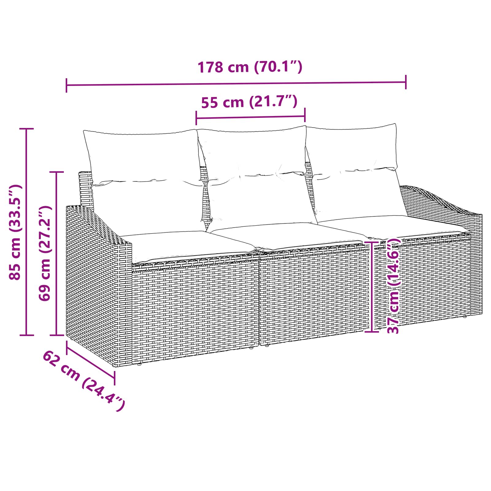 vidaXL Bankstel met kussen 3 pcs Zwart poly rattan