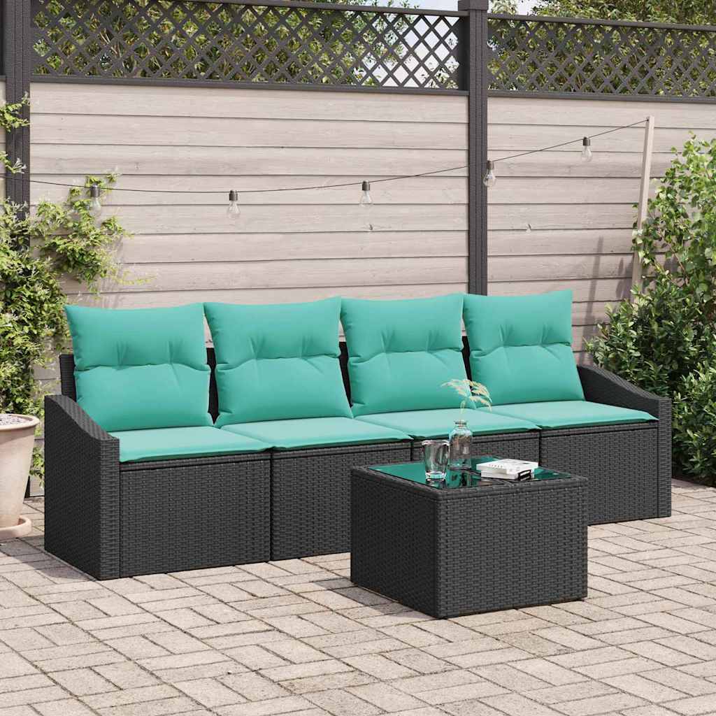 vidaXL Bankstel met kussen 5 pcs Zwart en Turquoise poly rattan