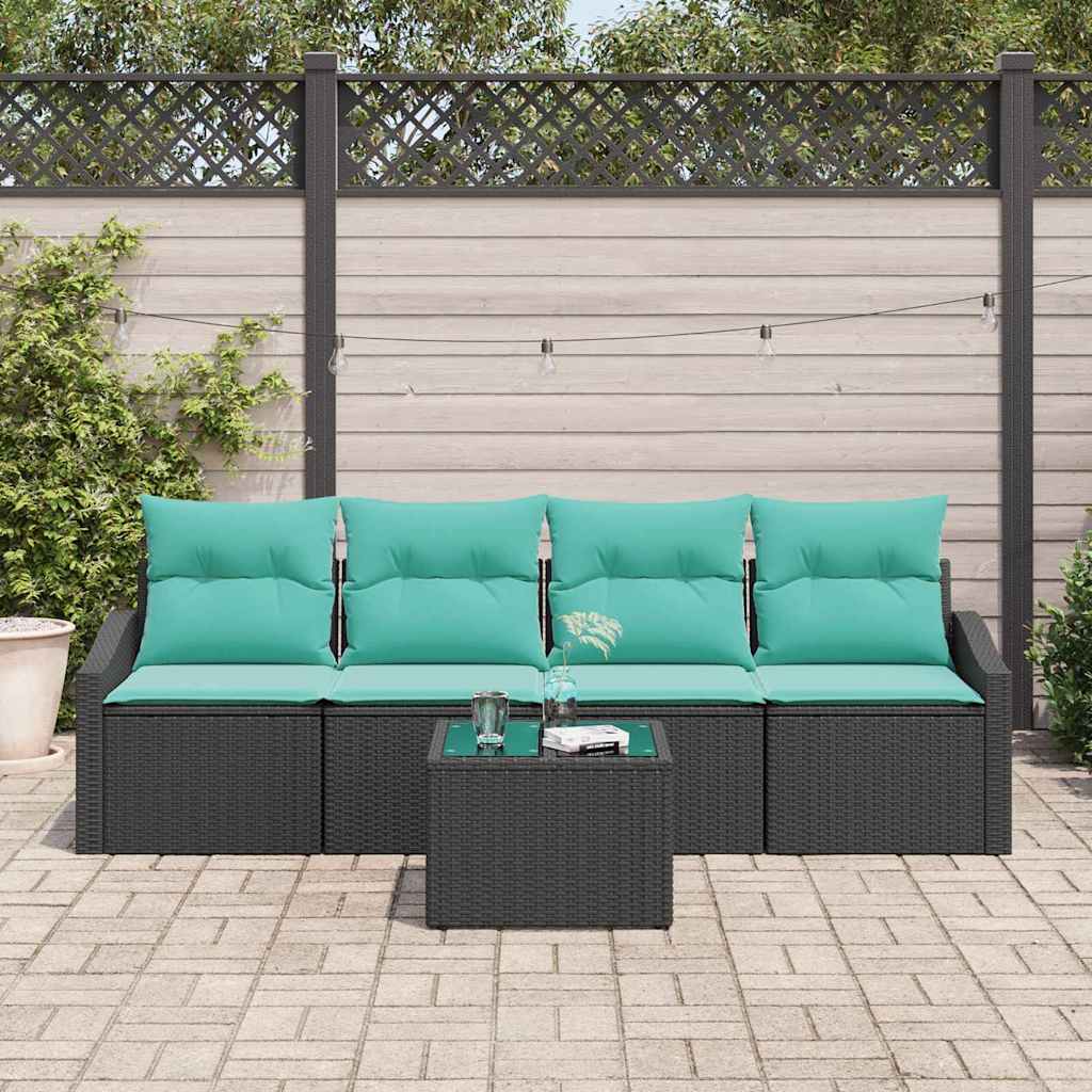 vidaXL Bankstel met kussen 5 pcs Zwart en Turquoise poly rattan