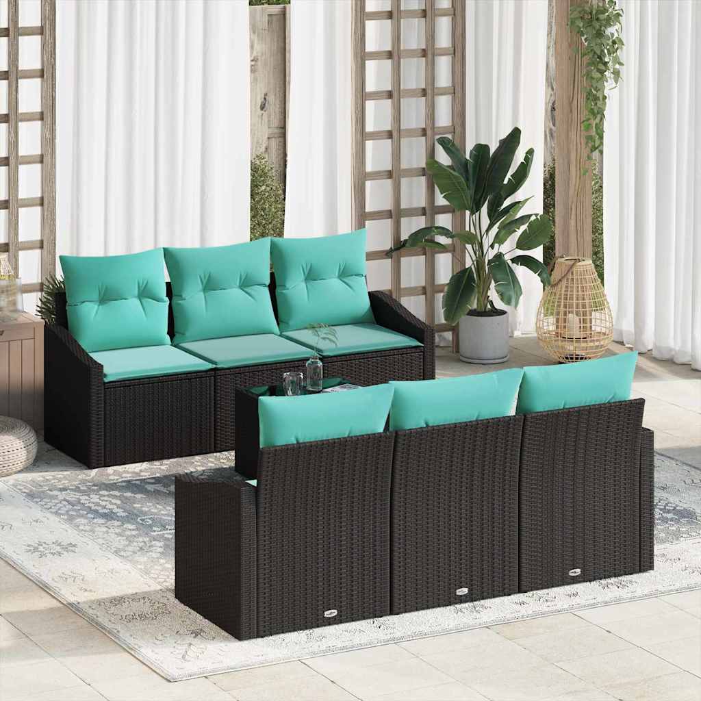 vidaXL Bankstel met kussen 7 pcs Zwart en Turquoise poly rattan