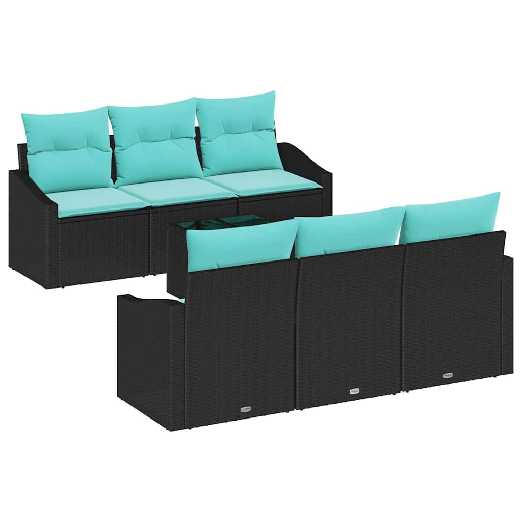 vidaXL Bankstel met kussen 7 pcs Zwart en Turquoise poly rattan