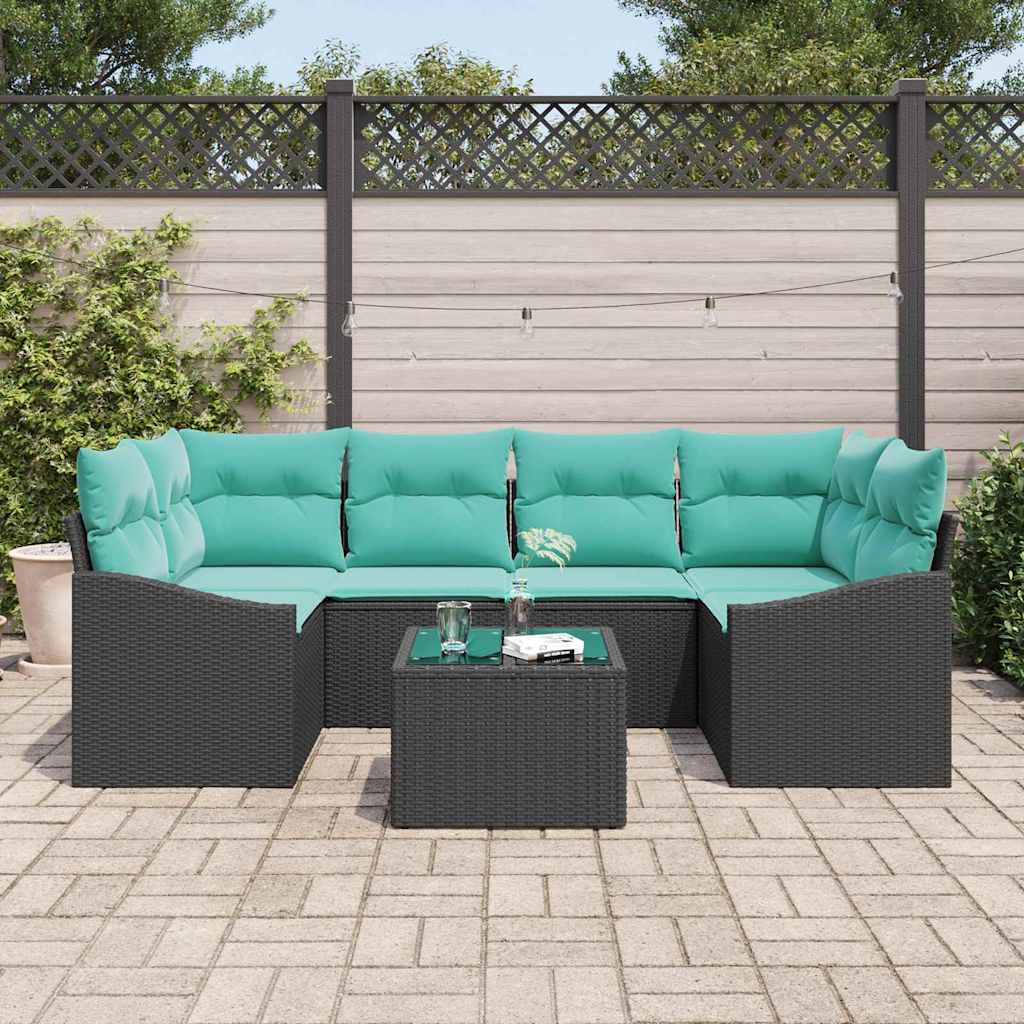 vidaXL Bankstel met kussen 7 pcs Zwart en Turquoise poly rattan
