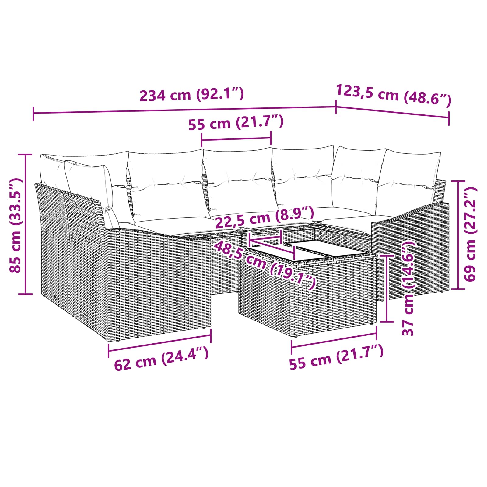 vidaXL Bankstel met kussen 7 pcs Zwart en Turquoise poly rattan