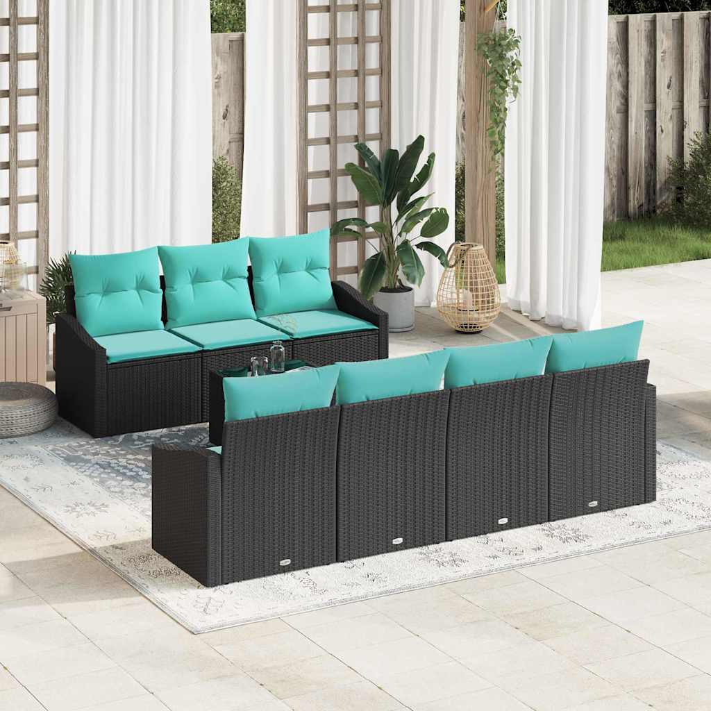 vidaXL Bankstel met kussen 8 pcs Zwart en Turquoise poly rattan
