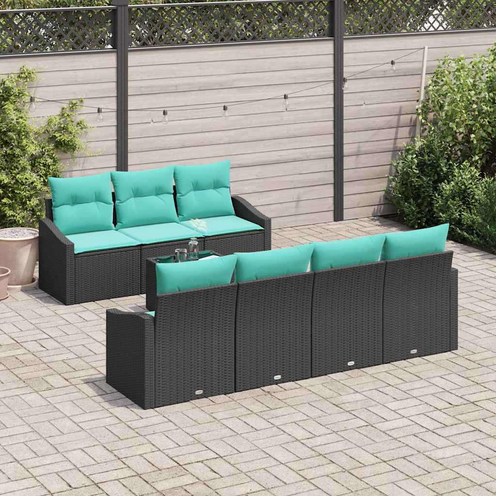 vidaXL Bankstel met kussen 8 pcs Zwart en Turquoise poly rattan