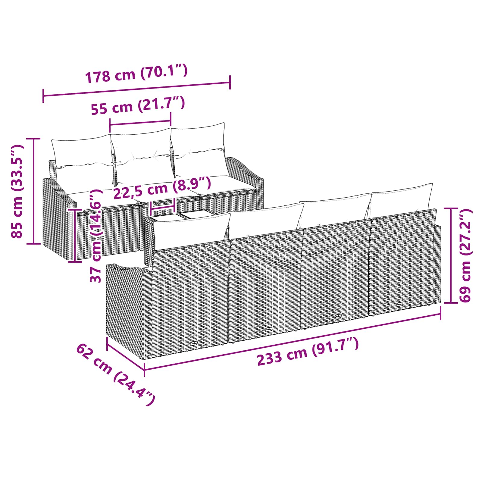 vidaXL Bankstel met kussen 8 pcs Zwart en Turquoise poly rattan