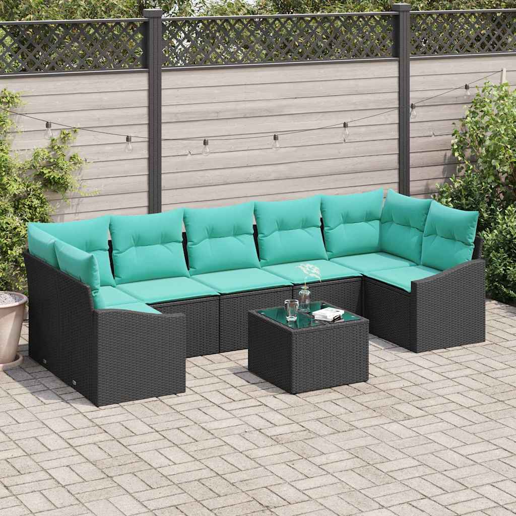 vidaXL Bankstel met kussen 8 pcs Zwart en Turquoise poly rattan