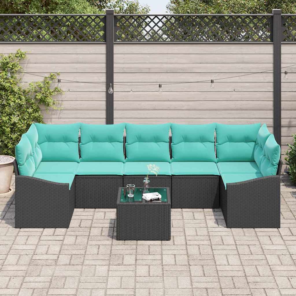 vidaXL Bankstel met kussen 8 pcs Zwart en Turquoise poly rattan